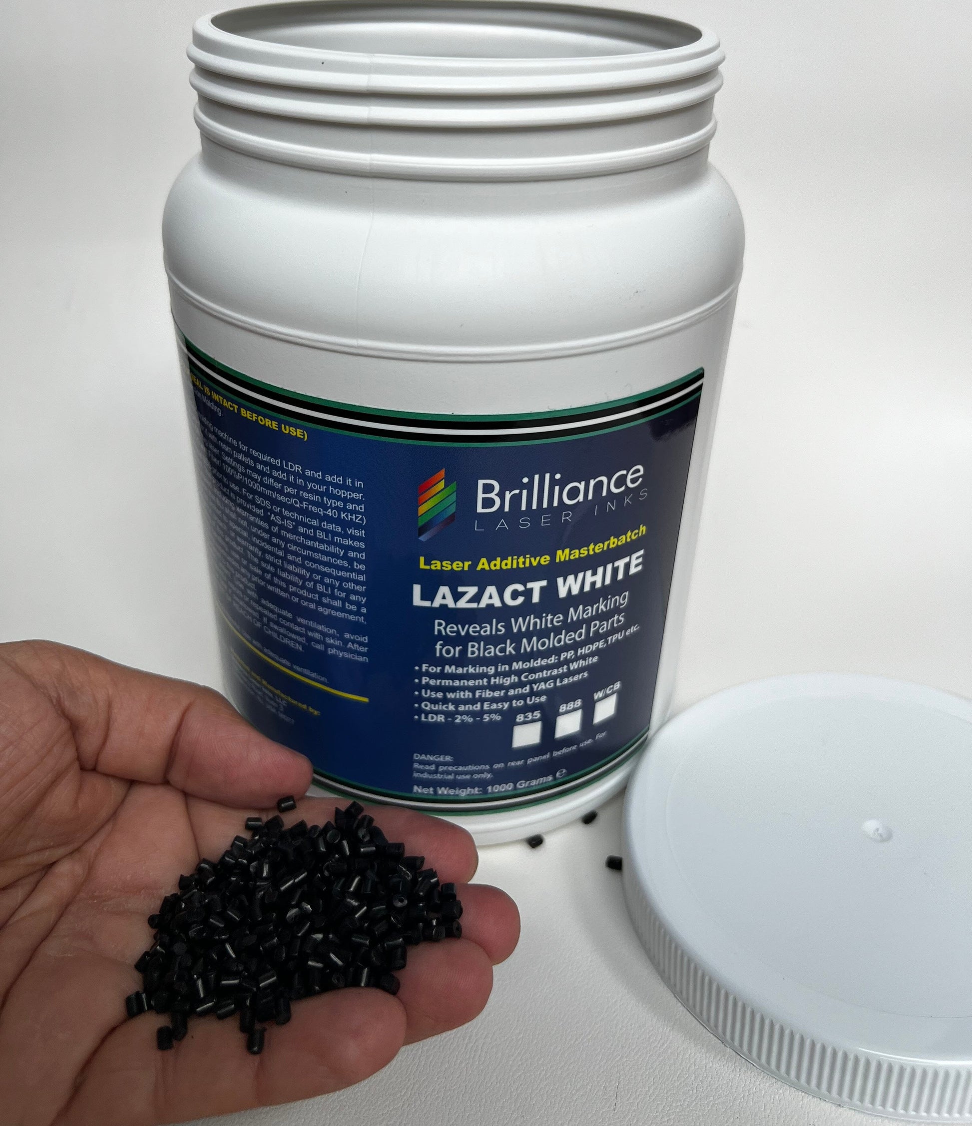 Lazact White - Laser Activated Additive for Black Color Molded Parts- Reveals White Marking - 1 KG - Prints White Plastics Brilliance Laser Inks, LLC 